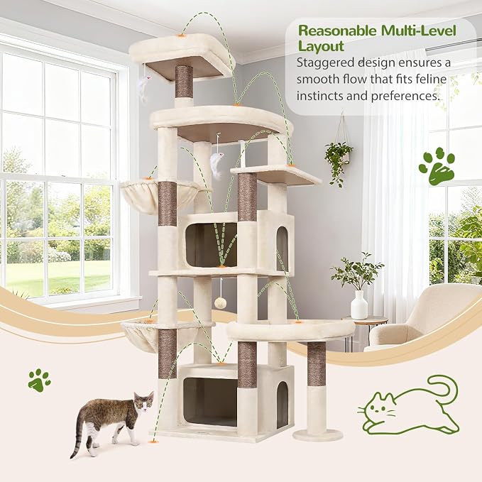 Globlazer 75in Sturdy Cat Tree Tower for Indoor Large Cats, S75, Beige | Multi-Level Heavy Duty Cat Tower with Scratching Post, Oversized Condos & Perches for Big Cats, Large Baskets, Enlarged Base