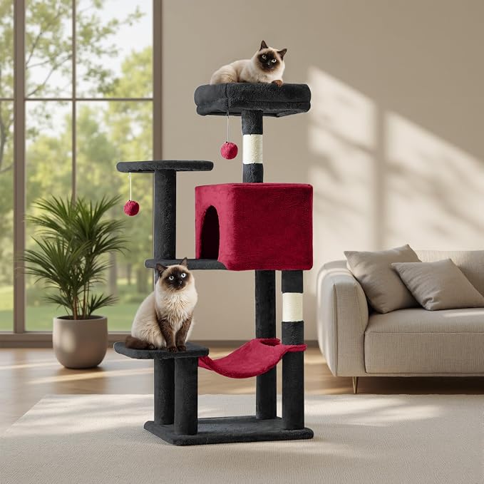 DUMOS 44 Inch Cat Tree Tower with Natural Sisal Scratching Posts | Small Cat Tree with Hammock, Pet Condo for Indoor Cats and Kittens Play, Black and Red