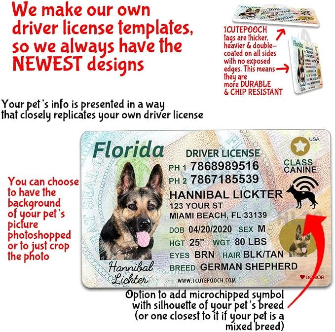 Florida Driver License Custom Dog Tag for Pets and Wallet Card - Personalized Pet ID Tags - Dog Tags for Dogs - Dog ID Tag - Personalized Dog ID Tags - Cat ID Tags - Pet ID Tags for Cats