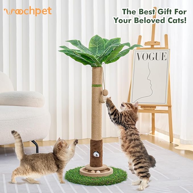 35" Tall Cat Scratching Post, Sisal Cat Scratcher Tree with Leaves,Interactive Cat Toys for Inddor Cats and Kitten