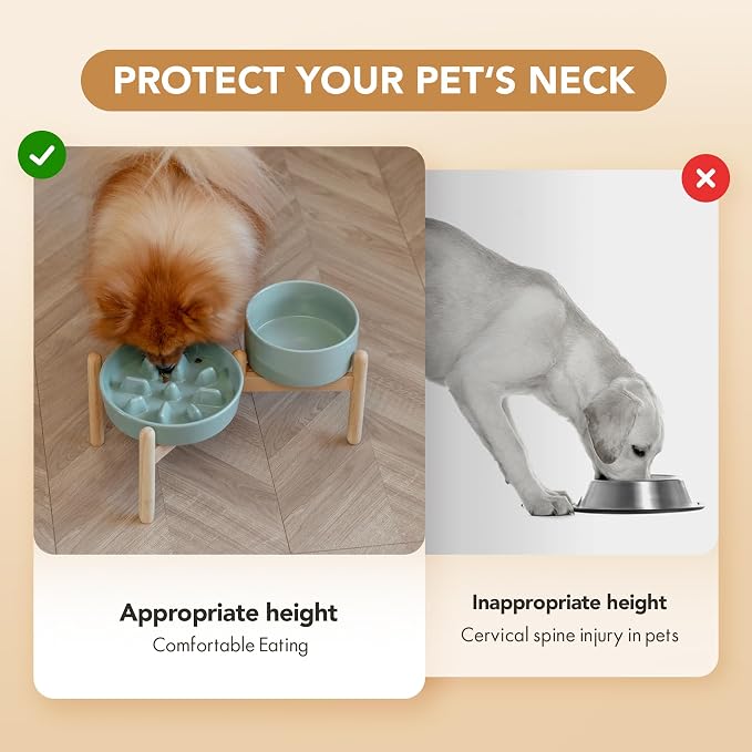 Havniva 7.3” Raised Slow Feeder Dog Bowls Set, 1.2 Cups Ceramic Slow Feeder Dog Bowl and 6.1” Dog Water Bowl with Elevated Wooden Stand Puzzle Dog Food Bowl for Small Dogs Anti-Gulping & Anti-Choking