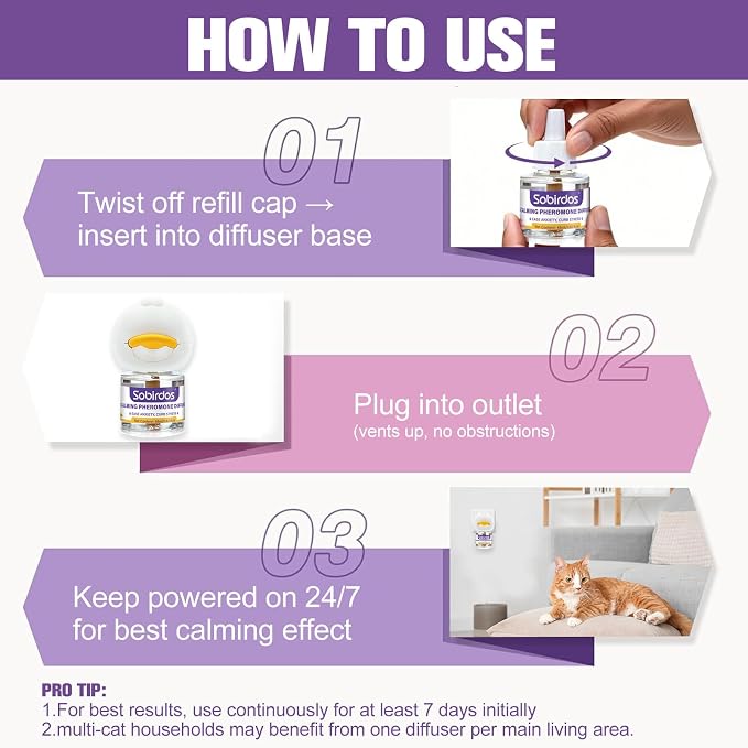 6-in-1 Cat Pheromone Calming Diffuser Kit - Relieve Anxiety, Reduce Fights/Scratching, 2 Plugs + 4 Refills, 120 Days (Purple, L)