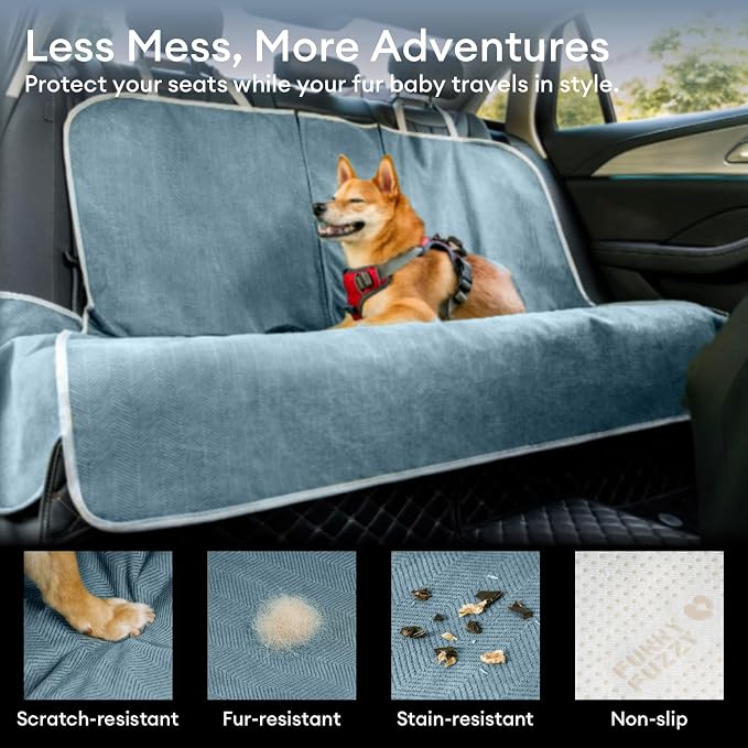 FUNNY FUZZY Dog Car Seat Cover for Back Seat, Back Seat Pet Cover for Dogs Waterproof, Scratchproof Dog Backseat Cover, Non-Slip Bench Car Seat Protector, Universal Fit Most Cars, SUVs, Trucks, Blue
