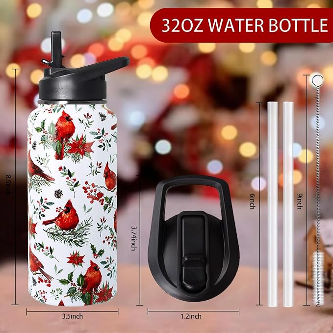 32oz Christmas Red Cardinal Insulated Aater Water Bottle with Straw Gym Hiking Sports Coffee Mug Cup,Christmas Gifts for Women,Christmas Decor Stuff Accessories