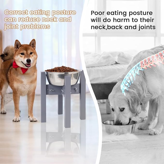 Elevated Dog Bowl Stand Adjustable Dog Food Holder 10”H Medium Grey | 10” Elevated Dog Bowl Stand, Medium Dogs, Adjustable, Fits 7”-10” Bowls, Single Bowl Holder, Natural Bamboo, Classic Grey