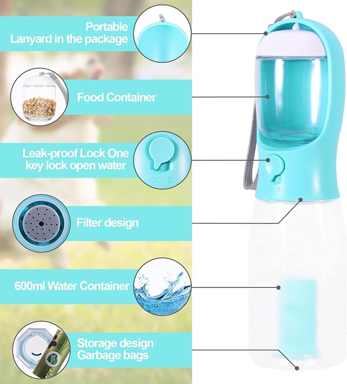 3-in-1 Portable Dog Water Bottle Dispenser,Crate with Food Container, Replaceable Waste Bags,Dog Stuff Accessories Items, Puppy Essentials Necessities,for Walking&Hiking(20oz-Blue)