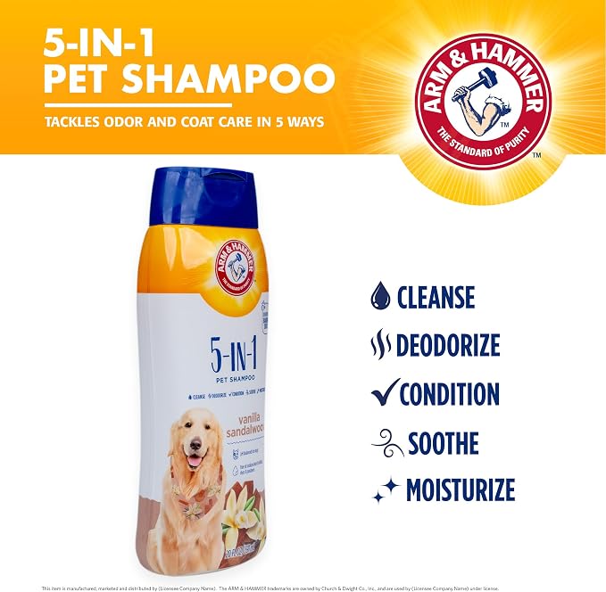 Arm & Hammer 5-in-1 Dog Shampoo, Vanilla Sandalwood, 20 Fl Oz | Oatmeal formula with aloe, shea butter, and baking soda cleans, conditions, and cares for the coat