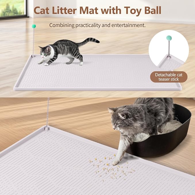 Silicone Cat Litter Box Mat 34'' x 22'' Cat Mat with Toy, White | Extra Large Litter Mat with lip, Non-Slip Waterproof Cat Litter Mat Litter Trapping Mat for Floor, Easy to Clean