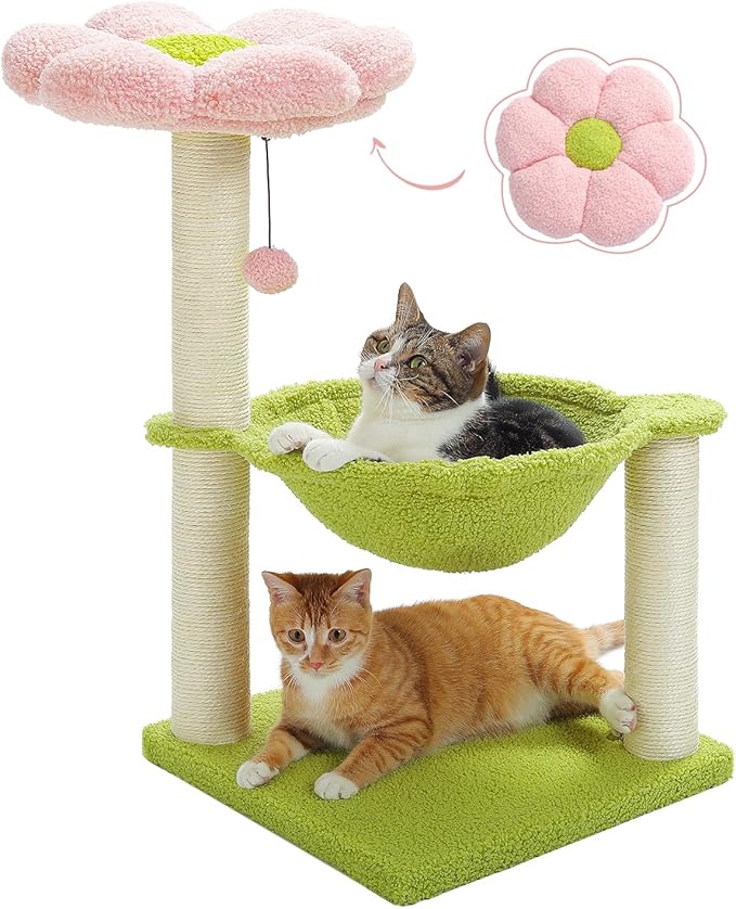 MUTTROS Flower Cat Tree, 28" Cat Tower with Cozy Flower Perch, Large Hammock for Indoor Small Cats, Cute Cat Tree with Sisal Scratching Post and Fur Toy Ball for Kittens, Pink
