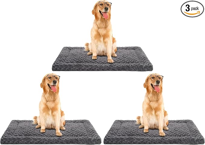 Washable Dog Bed Mat Ultra Soft Dog Crate Pad Comfy Fluffy Pet Kennel Beds Sleeping Mattress for Large Jumbo Medium Small Dogs Grey (Pack of 3)