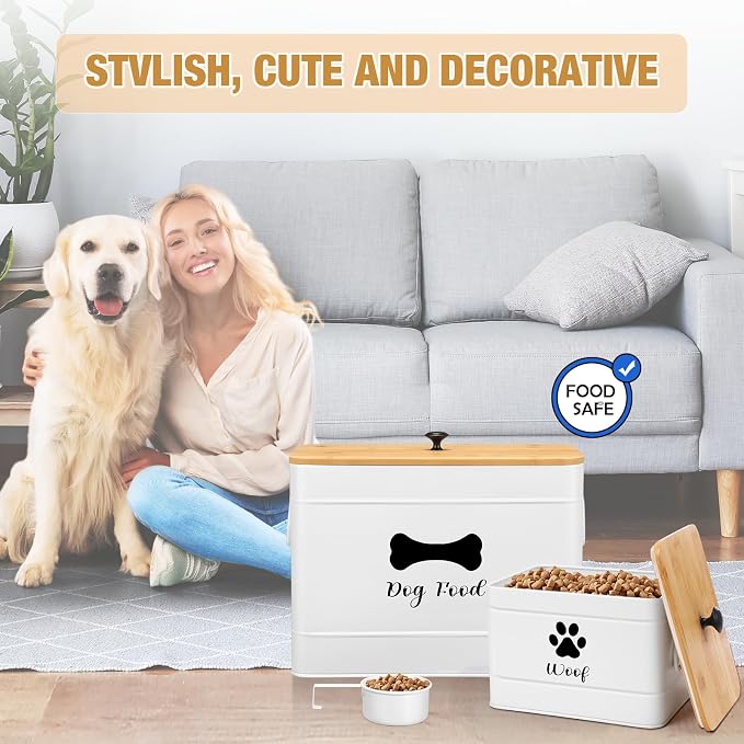 Newtay 2Pcs Extra Large Metal Dog Food Containers Airtight 12 & 3.5 Lbs Dog Treat Snack Jars Set of 2 with Bamboo Lids and Spoons Farmhouse Big Pet Cookie Storage Jars for Kitchen Counter Gift (White)