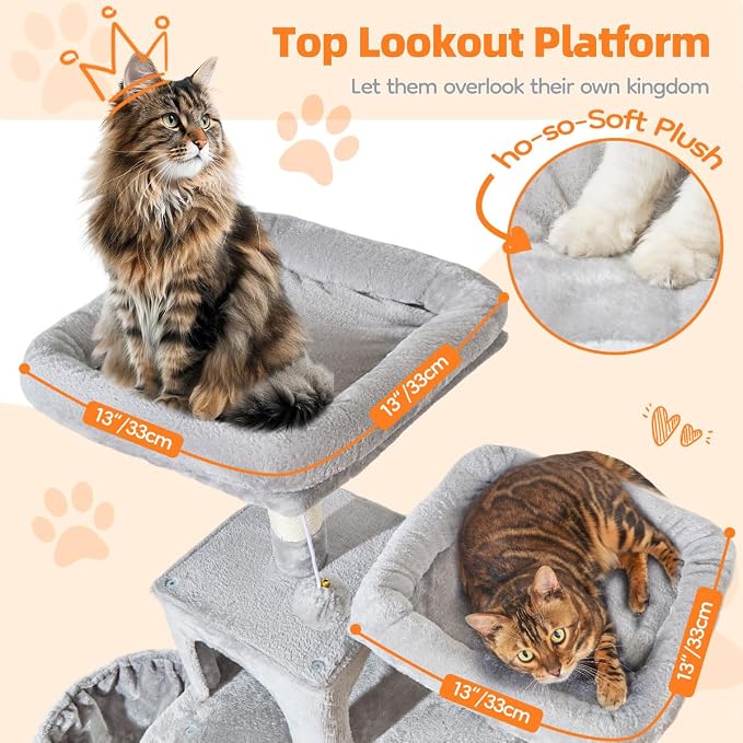 Taoqimiao Large Cat Tree, 73 in Tall Cat Tower with 2 Plush Big Cat Condos | 9 Scratching Posts, 2 Top Perches, Cozy Hammock & Basket, Indoor Cats, 2 Pompoms & Mouse Toy, Light Gray, MS013XLW