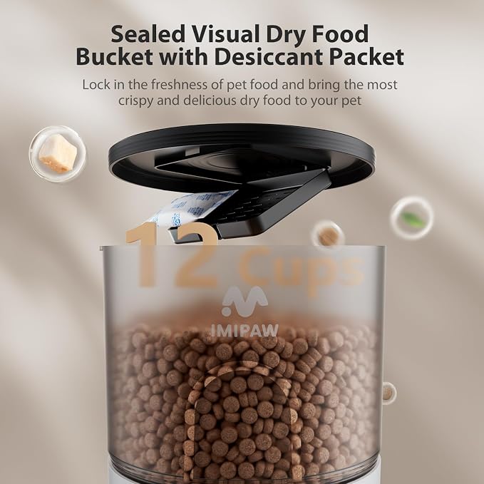 IMIPAW Automatic Cat Feeder, 3L Timed Pet Dry Food Dispenser with Clog-Free Design, Auto Feeder for Cats, 1-6 Meals Per Day, Desiccant Bags, with Stainless Steel