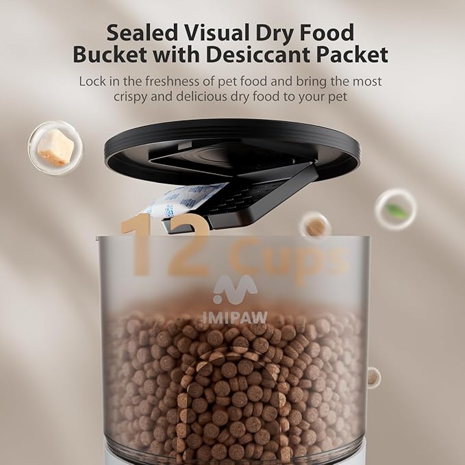 IMIPAW Automatic Cat Feeders, Timed Cat Dry Food Dispenser with Desiccant Bag, Dual Power Supply, Programmable Portion Size, 6 Meals, 20 Portions Per Day, Auto Pet Feeder for Cats and Small Dog, White