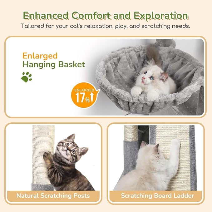 Globlazer Heavy Duty Cat Tree for Indoor Cats Large Adult, F52B, Light Grey | 3 Condos, Extra-Large Baseboard, Removable Top Perch, 4 Sisal Posts & Board, Hanging Basket, Anti-Topple Strap, Easy Setup