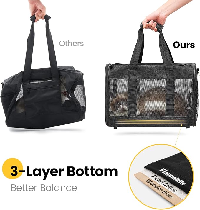 Conlun Dog Carrier Soft Sided, Large Cat Carrier with Inner Safety Leash, Pet Transport Carrier for Large Cats and Medium Dogs up to 20 Lbs, Collapsible Travel Puppy Carrier Bag -Black L