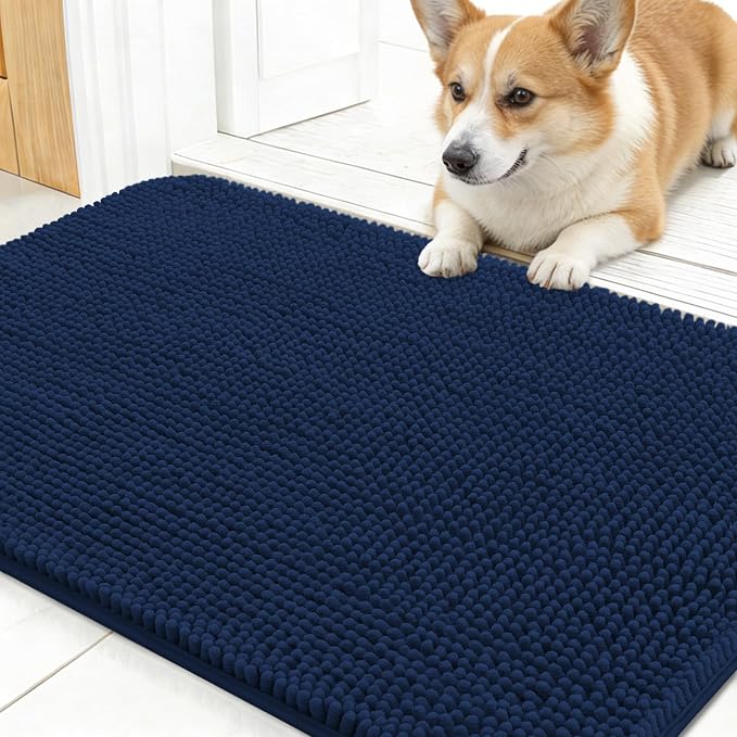 OLANLY Dog Door Mat for Muddy Paws 30x17, Super Absorbent Chenille Mud Mat | Dark Blue, Absorbs Moisture and Dirt, Non-Slip Machine Washable Doormat, Quick-Drying Indoor Entryway Floor Carpet for Dogs