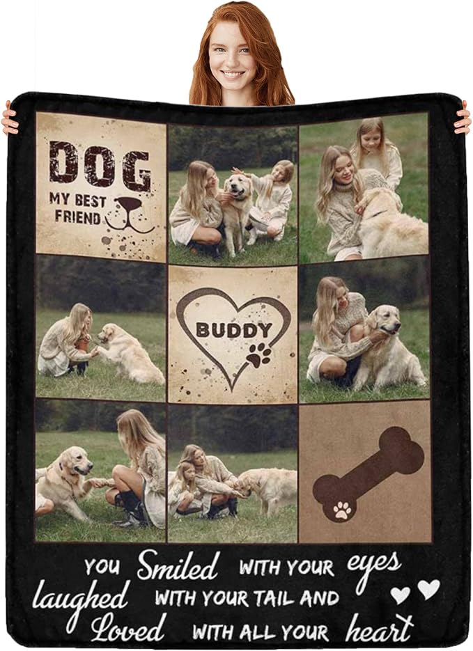 Artsadd Personalized Dog Blanket with Photos & Pet Name, Custom Dog Memorial Blanket and Throws for Remembrance, Customized Puppy Blanket, Dog Gifts for Pet Dog Lovers, Dog Mom Gifts for Women Xmas X