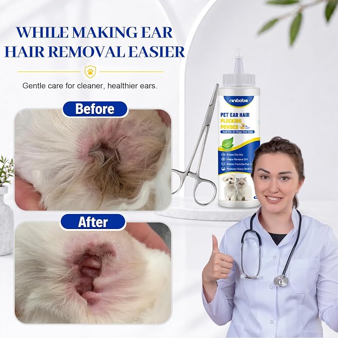 Upgraded Dog Ear Powder with 5.5 Inch Hair Removal Tool | Pet Ear Grooming Cleaner | Ear Wax Remover | Supports Fresh-Feeling Ears | Absorbs Moisture