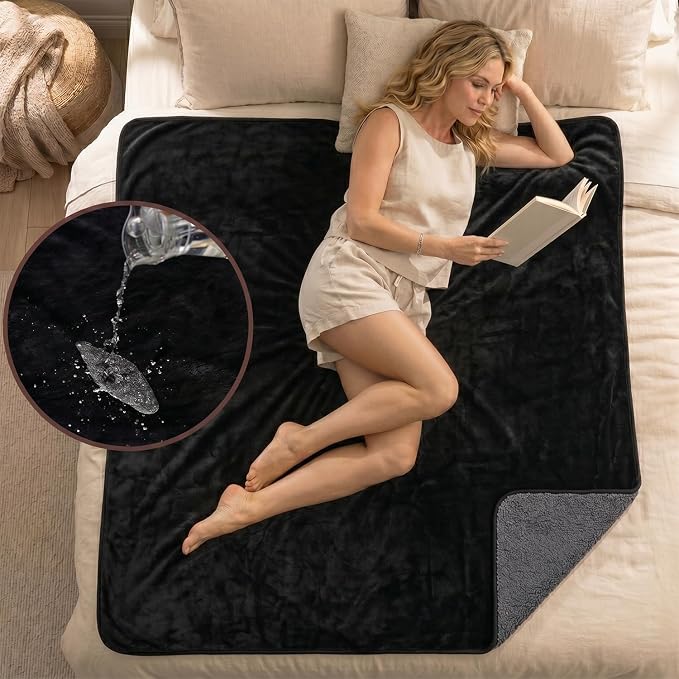 Waterproof Blanket (60"x80") for Bed, Couch, Sofa - Plush Throw Blanket to Protect Furniture, Stain Resistant, Leak-Proof, Double-Sided Flannel & Sherpa Fleece, Reversible Black & Grey