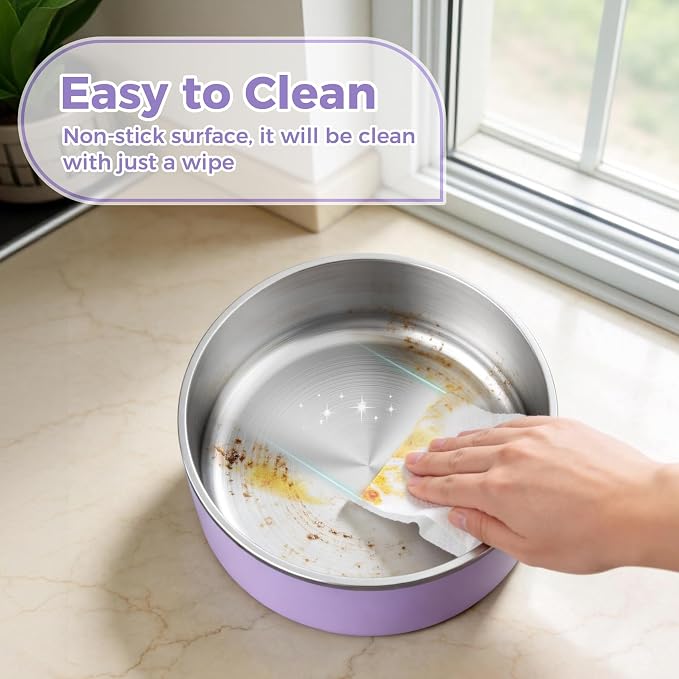 WENBOKMIN Dog Bowl, Stainless Steel Dog Food and Water Bowl with Non Slip Quiet Bottom, Easy to Clean, Dishwasher Safe, 64oz, Light Purple