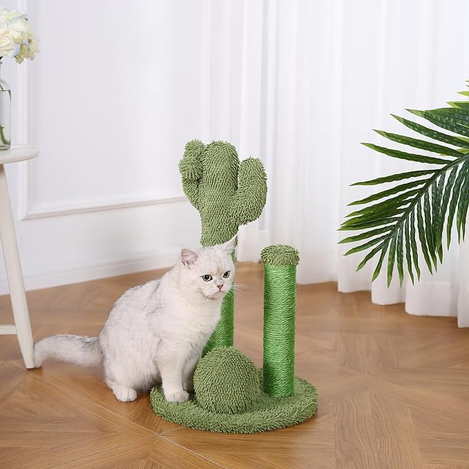 Amazon Basics Sisal Cat Scratching Post, Indoor Cactus Triple Posts for Cats & Kittens with Dangling Ball, Small, 22.4"H, Green