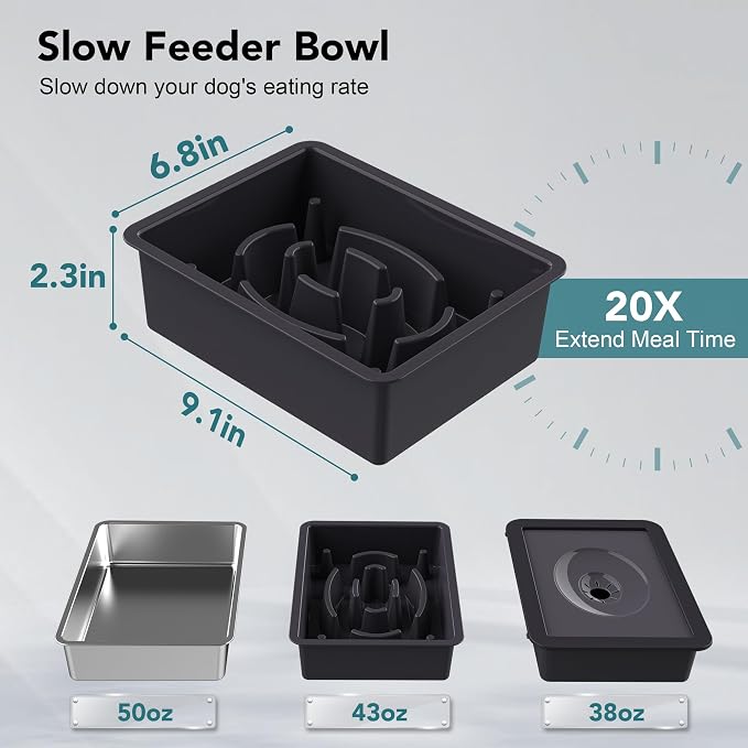UPSKY 3-in-1 Elevated Dog Bowls Set with 4 Height Adjustable Stand, Balck | 304 Stainless Steel Bowl, No Spill Water Bowl, Slow Food Bowl, Anti-Slip, Dishwasher Safe, Suitable for Small Medium Dogs