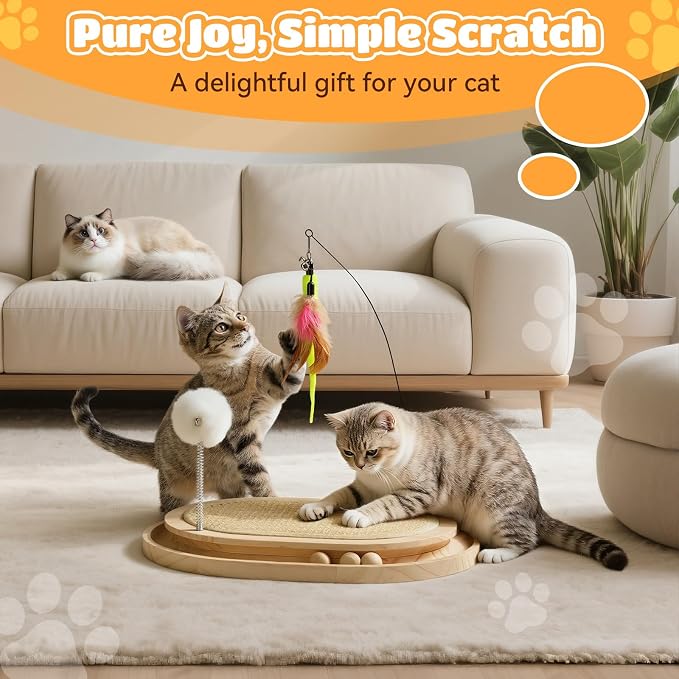 Cat Scratcher, Natural Sisal Scratching Pad, Kitten Interactive Toy with Ball Track & 3 Spring Plush Toys for Chasing Hunting Exercise, Round Wooden Cat Scratchers for Indoor