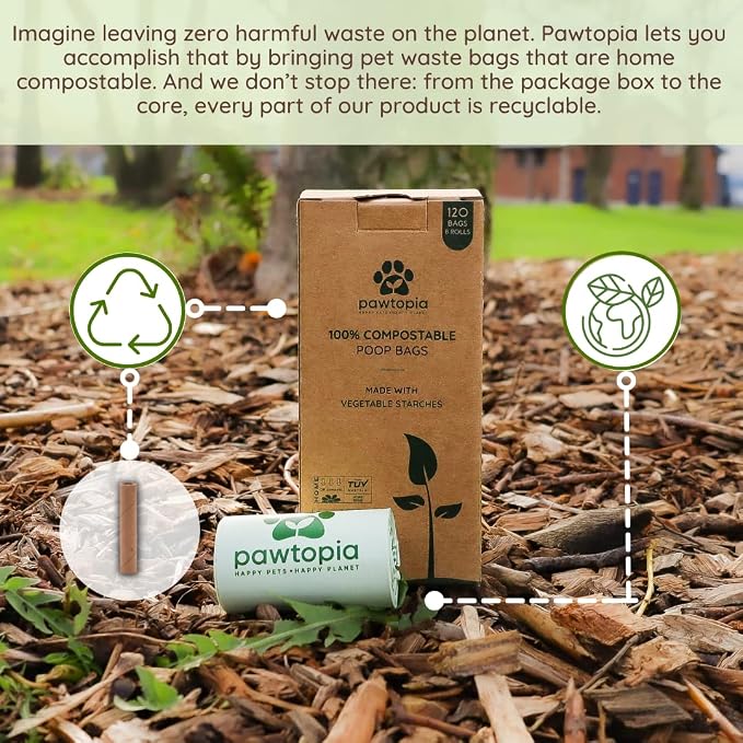Pawtria Certified Home Compostable Dog Poop Bag Rolls (120) | Poop Bags for Dogs, Cat Litter, Vegetable Starches, Dog Waste Bags, Leakproof, Easy to Open, Give Back