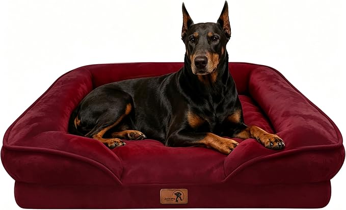 Spotted Play Orthopedic Dog Bed with Sides - Sofa Beds for Extra Large Dogs, Supportive Foam Pet Couch Bed with Washable Removable Cover, Waterproof Lining and Non-Slip Bottom, Burgundy - XL-Plus