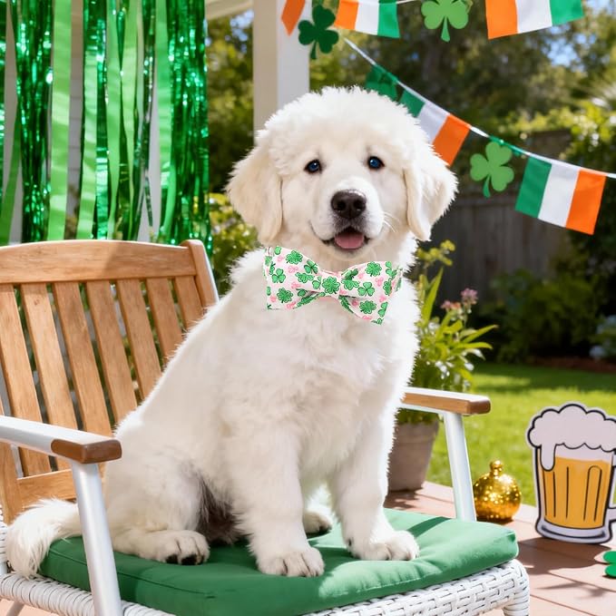 DOGWONG St. Patrick's Day Shamrock Dog Collar with Bow,Pink Green Four Leaf Clover Pattern Dog Collar, Adjustable Durable Soft Collars Irish Gift for Male Female Dogs,S