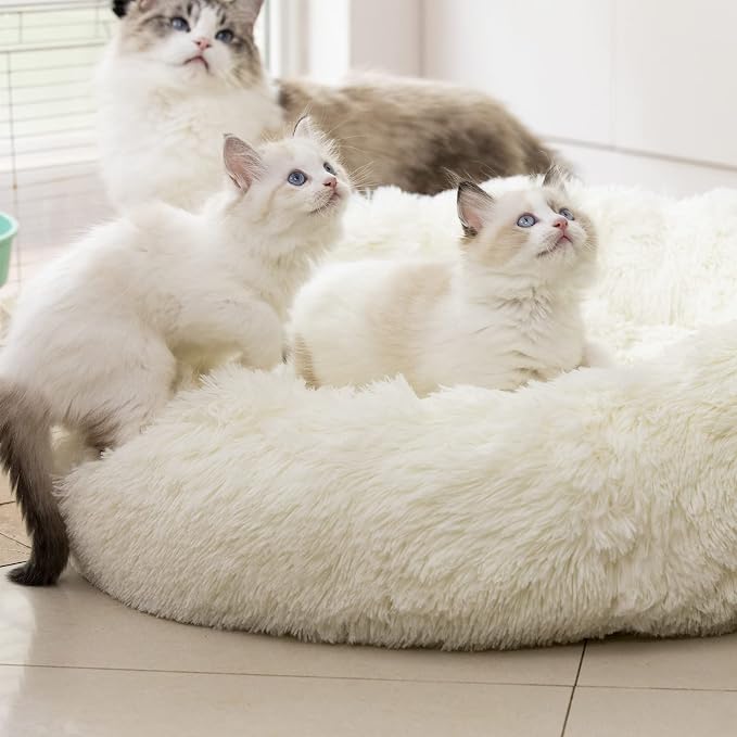 Anti Anxiety Round Fluffy Plush Faux Fur Warm Washable Dog Bed & Cat Bed, Original Bed for Small Medium Large Pets,Used to Relieve Joints and Improve Sleep（20"/24"/27''） (20", White)