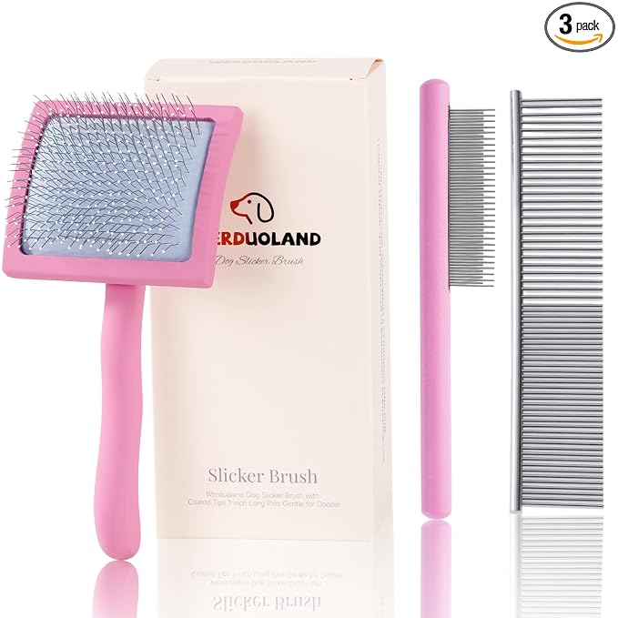 Pink Slicker Brush for Long Haired Dog Wooden Handle Coated Pins | Gently Grooming Slicker Brush, Ergonomic Wooden Handle, Long-Haired Dogs, Long Pins for Grooming Goldendoodles Poodles