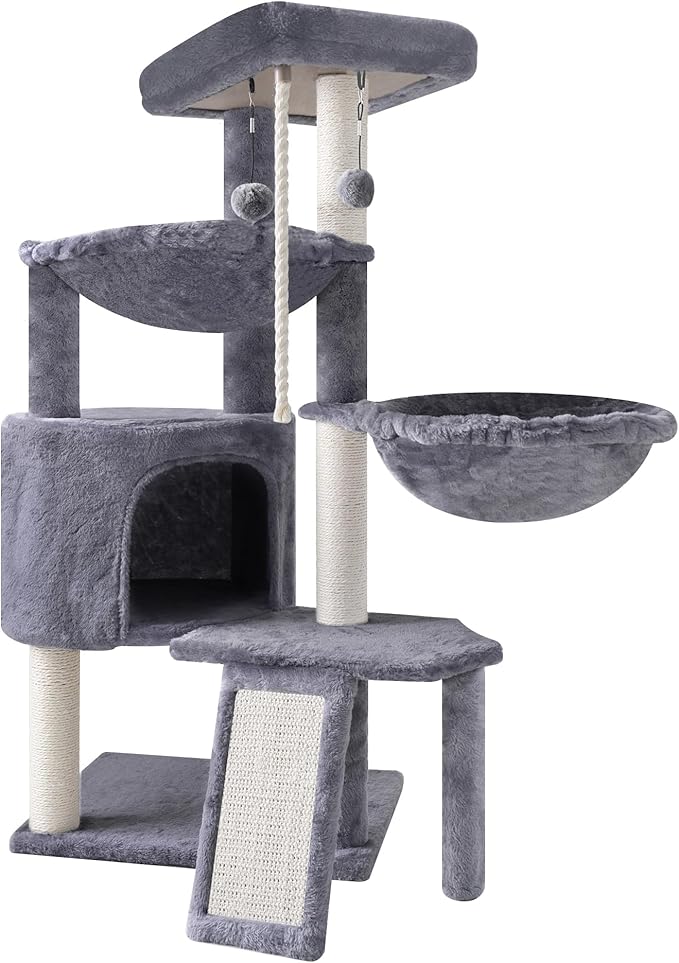 Three Layer Cat Tree with Cat Condo and Two Hammocks,Grey | 3-Tier Cat Tree,Scratch Pad ,Natural Sisal,Replaceable Hanging Balls,Sturdy Cat Furniture for Kitten&Adult Cat