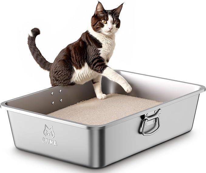 Qiuma Stainless Steel Metal Litter Box with Handle, Extra Large Cat Litter Box with High Sides, Odor-Free, Non-Stick, Easy to Clean, 23.4"×15.6"×5.9", Ideal for Large Cats & Multi-Cat Households