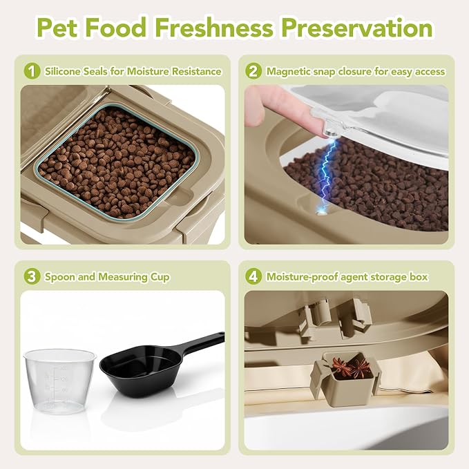 Summark Ca15 Lbs Dog/Cat Food Storage Container,Collapsible Food Storage Containers with Rolling Wheel Airtight Locking Lid,Pet Food Storage Container with Cup and Scoop,Khaki