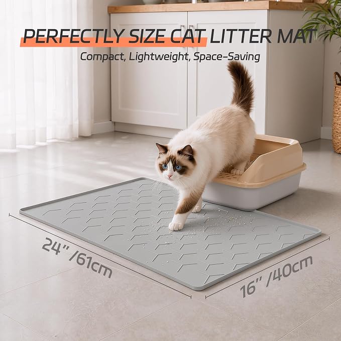 Bulkniu Silicone Cat Litter Mat, 24"x16", Raised Edge Waterproof, Grey | Litter Trapping & Recycling, Easy to Clean, Non-Slip, Durable Safe & Odorless, Paw Friendly