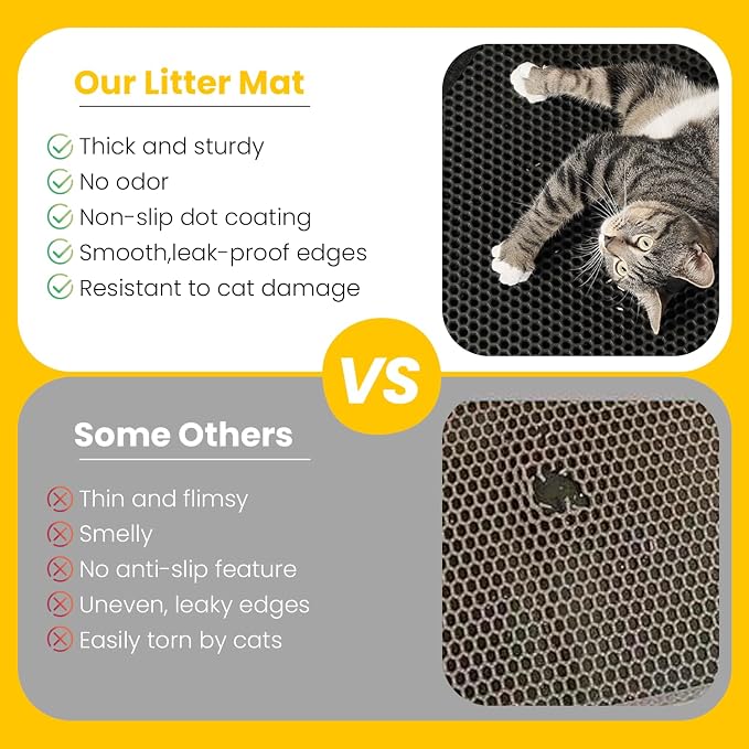 Cat Litter Mat Compact Size 23.6"x14.6" for Small Spaces, Upgrade Waterproof Leakproof Back Layer, Honeycomb Trapping Mat, Washable, Easy to Clean, Scatter Control Kitty Litter Matt, Black, 2 Packs