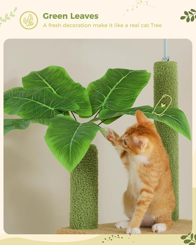 PEQULTI Floor to Ceiling Cat Tree Tower, Height Adjustable 230-252cm, Green | Cactus climbing pole for large cats with cat condo, hammock & sisal scratching posts; measure ceiling, fits 230-252cm