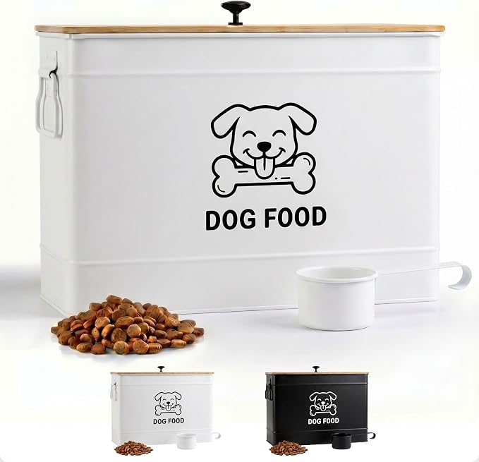 Metal Dog Food Container 15-20 lbs w/ Airtight Bamboo Lid, 70 Cup Capacity | Pet Jar For Dogs up to 100lbs, Airtight Bamboo Lid, Sturdy Comfortable Metal Handle, Powder Coated Iron, Kibble Storage Bin