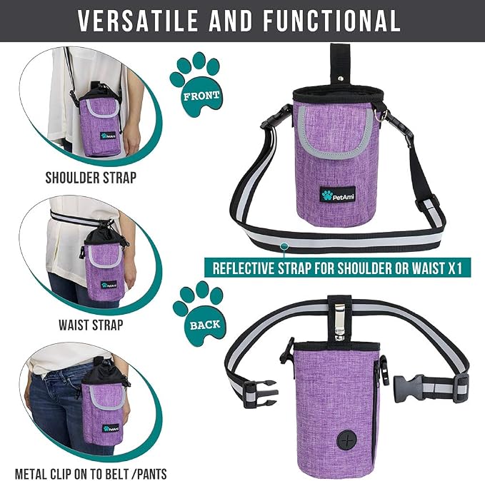 PetAmi Dog Treat Pouch, Large Hands-Free Training Bag, Purple | Built-In Poop Bag Dispenser, Holds 3 Cups Of Treats, 4 Ways to Wear, D-Ring, Reflective Strap, Dog Treat Bag for Walking