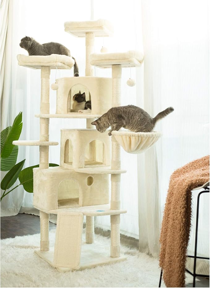 Hey-brother Cat Tree Tower with Multi-Level Large Condo, Platform, MPJ032M | 73.4 Inch Cat Tower with 3 Caves, 3 Cozy Perches, Scratching Posts, Board, Activity Center Stable for Indoor Cats, Beige