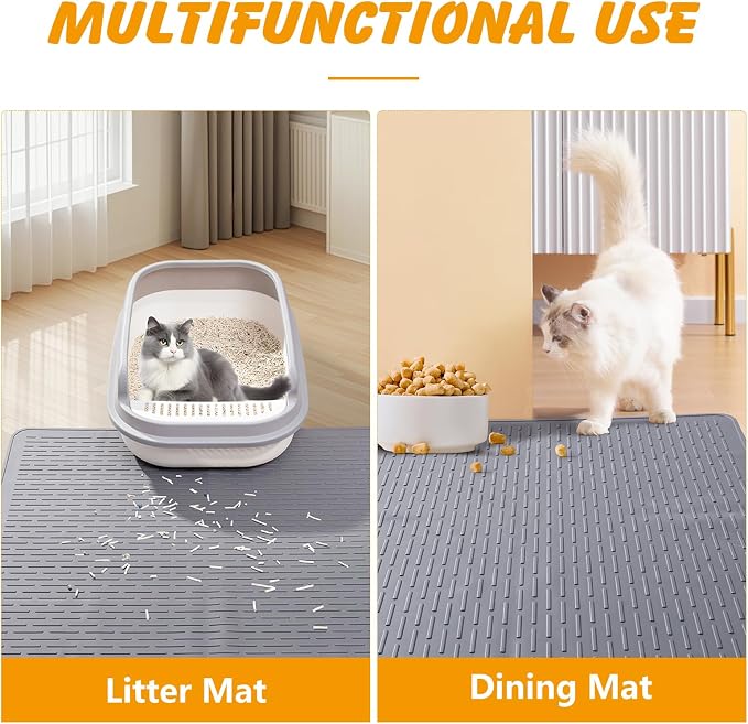 Silicone Cat Litter Mat, Waterproof, Raised Edge, 28 x 20 in, Gray | Quick-clean silicone, leakproof floor protection, non-slip base, doubles as feeding mat
