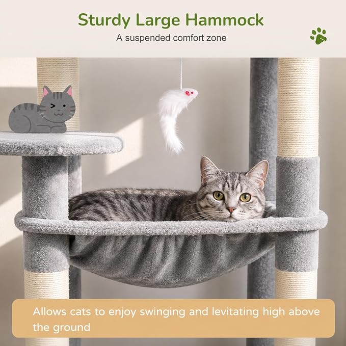 Globlazer Cat Tree Tower with Scratching Post for Indoor Cats, 53inch Tall Plush Multi-Level Cat Climbing Tower Condo House with Large Hammock, Spacious Cat Cave, Padded Top Perch Bed, F53, Light Gray