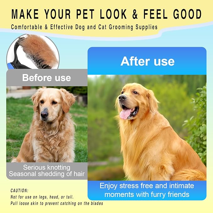 Pet Grooming Rake for Dogs & Cats - Double-Sided Deshedding and Dematting Tool, Gently Remove 95% of Loose Undercoat & Mats for Long-Haired Pets, Painless Fur Brush for Shedding Control (Blue, M)