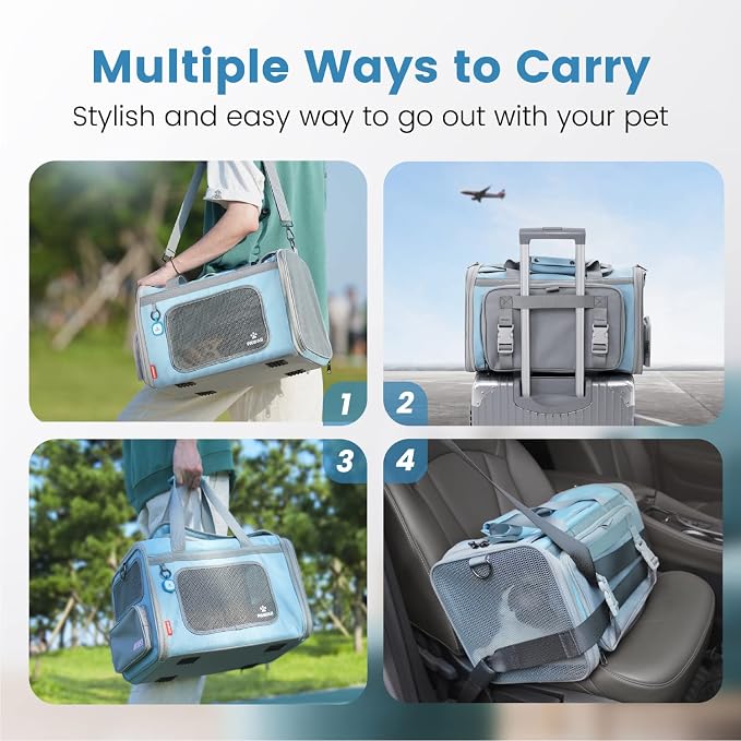 Pawaii Cat Carrier Airline Approved Expandable Breathable Safety Leash | Up to 13 lbs, 16.9 x 10.6 x 10.6 in, QR pet ID tag, top entry, luggage sleeve, soft fleece pad, foldable storage