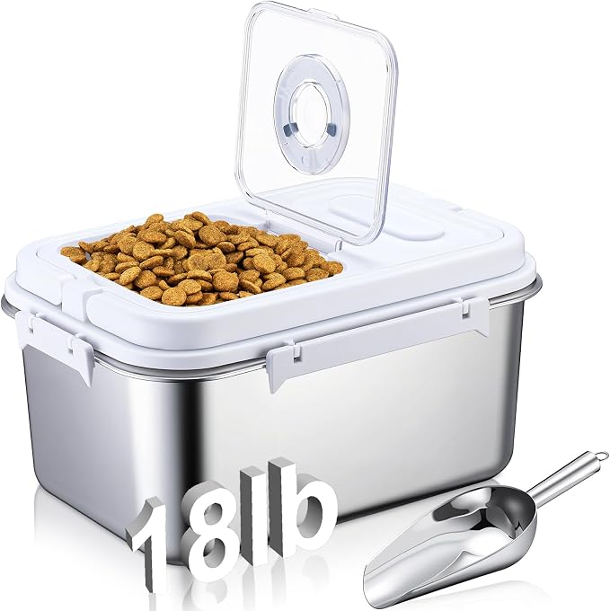 14-18 lb Stainless Steel Dog Food Storage Container | with Silicone Airtight Lid, Scoop, Easy to Clean Metal Pet Dog Cat Food Storage Container Keep Fresh