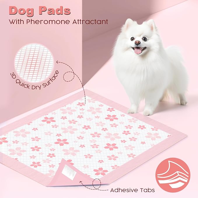 MIZOK Puppy Pads Pink 22x22in, Stay-Put Training Mats with Pheromone Attractant, Decorative Cherry Blossom 6-Layer Absorbent Dog Pee Pads, Disposable (30 Count)