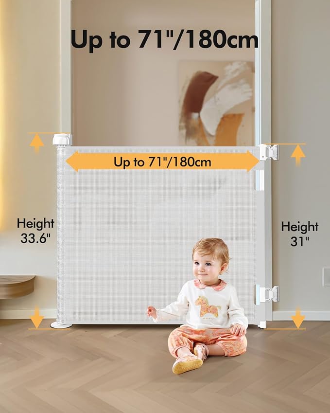 Retractable Baby Gate for Stairs & Doorways,71" Wide x 33.6" Tall Easy Installation Mesh Dog Gate for Indoor & Outdoor Use,Pet and Dog Safety Gate for Hallways(White)