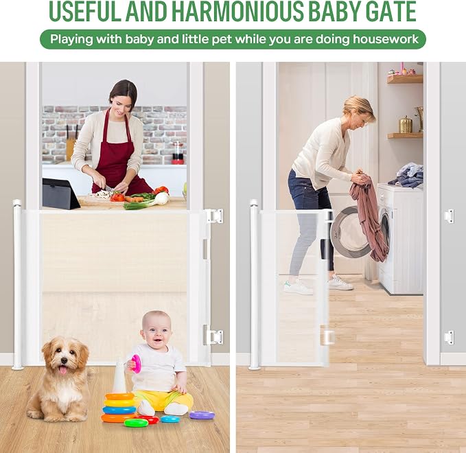 Retractable Baby Gate for Stairs & Doorways, 33" Tall Extends to 55" Wide | Extra Wide Safety Kid Pet Gate, Mesh Dog Gate for Indoor, Outdoor, Hallways One-Handed Operation, Easy Install(33”x55”-White)